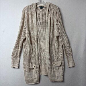 Natural Reflections cardigan sz XL crochet long‎ line linen blend hooded beige